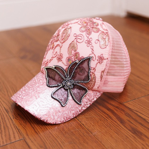 Accessories - Pink Sequin Butterfly Trucker Hat Rhinestone Floral Embroidered Mesh Snapback